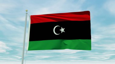 Seamless loop animation of the Libya flag on a blue sky background. 3D Illustration. High quality 3d illustration