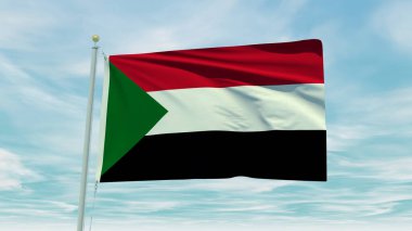 Seamless loop animation of the Sudan flag on a blue sky background. 3D Illustration. High quality 3d illustration
