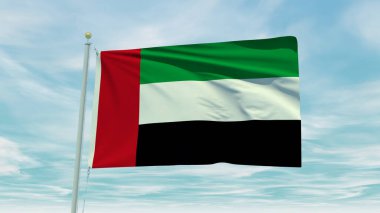 Seamless loop animation of the United Arab Emirates flag on a blue sky background. 3D Illustration. High quality 3d illustration