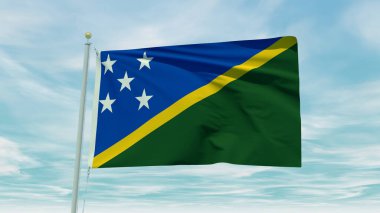 Seamless loop animation of the Solomon Islands flag on a blue sky background. 3D Illustration. High quality 3d illustration