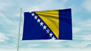 Seamless loop animation of the Bosnia And Herzegovina flag on a blue sky background. 3D Illustration. High quality 3d illustration