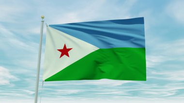Seamless loop animation of the Djibouti flag on a blue sky background. 3D Illustration. High quality 3d illustration