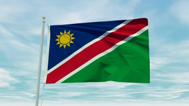 Seamless loop animation of the Namibia flag on a blue sky background. 3D Illustration. High quality 3d illustration