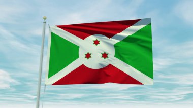 Seamless loop animation of the Burundi flag on a blue sky background. 3D Illustration. High quality 3d illustration
