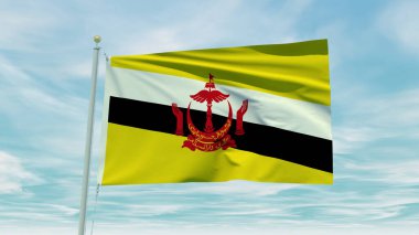 Seamless loop animation of the Brunei flag on a blue sky background. 3D Illustration. High quality 3d illustration