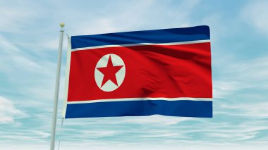 Seamless loop animation of the North Korea flag on a blue sky background. 3D Illustration. High quality 3d illustration