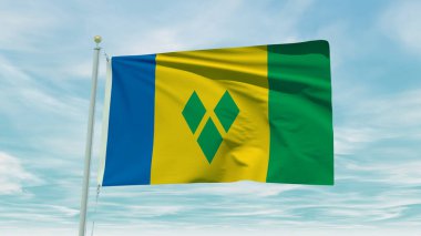 Seamless loop animation of the Saint Vincent And The Grenadines flag on a blue sky background. 3D Illustration. High quality 3d illustration