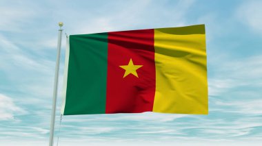 Seamless loop animation of the Cameroon flag on a blue sky background. 3D Illustration. High quality 3d illustration