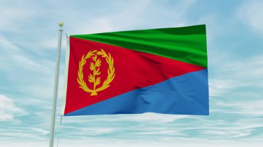 Seamless loop animation of the Eritrea flag on a blue sky background. 3D Illustration. High quality 3d illustration