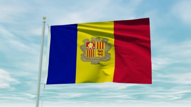 Seamless loop animation of the Andorra flag on a blue sky background. 3D Illustration. High quality 3d illustration