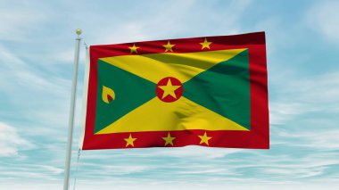 Seamless loop animation of the Grenada flag on a blue sky background. 3D Illustration. High quality 3d illustration