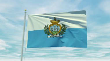 Seamless loop animation of the San Marino flag on a blue sky background. 3D Illustration. High quality 3d illustration