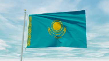 Seamless loop animation of the Kazakhstan flag on a blue sky background. 3D Illustration. High quality 3d illustration