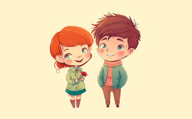 Cute boy and girlfriend, happy valentine, cartoon character illustration. High quality illustration