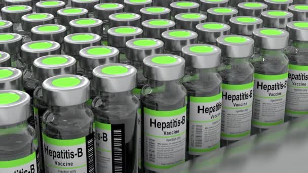 実験室でのB型肝炎ワクチン大量生産 研究室でのベルトコンベア上のボトル — ストック動画