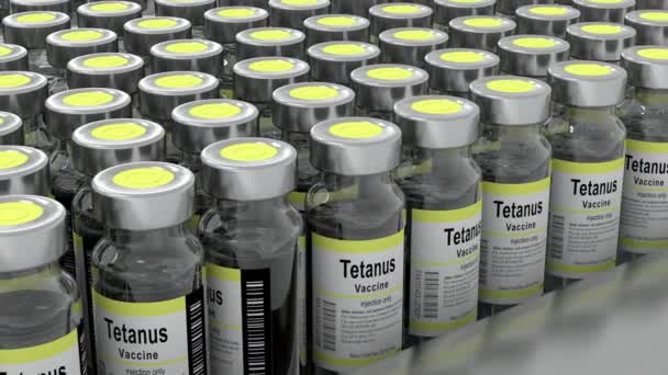 実験室でのテタヌスワクチン大量生産 研究室でのコンベアベルト上のボトル — ストック動画