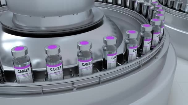 Producción Masa Vacunas Contra Cáncer Laboratorio Botellas Cinta Transportadora Laboratorio — Vídeo de stock