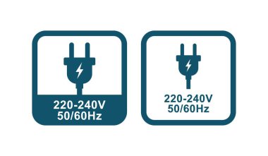 220-240V ve 50 / 60Hz vektör logo simgesi. Bilgi için uygun 
