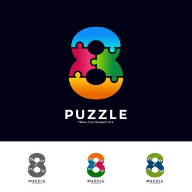 Soyut 8 numaralı yapboz parçaları renkli vektör logo simgesi. İş, eğitim, oyun, etiket ve şablon için uygundur