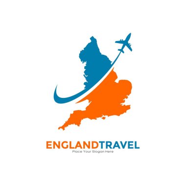 ENGLAND uçak logosu logo tasarımı ile seyahat ediyor. İş, ulaşım, teknoloji, tatil ve seyahat için elverişli