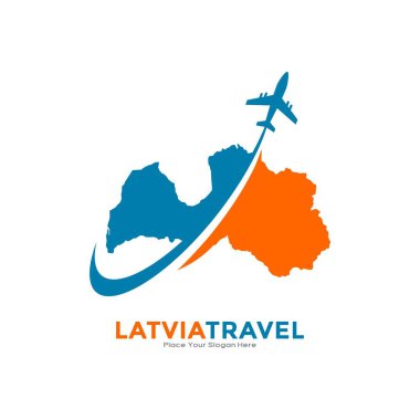 LATVIA uçak logosu logosu tasarımıyla seyahat ediyor. İş, ulaşım, teknoloji, tatil ve seyahat için elverişli