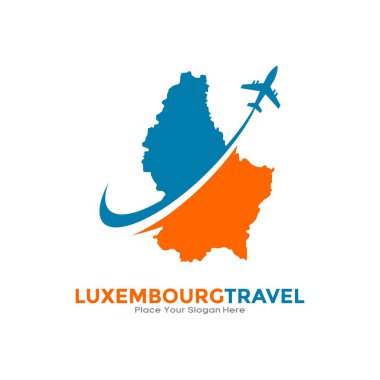 LUXEMBOURG uçak logo logosu tasarımıyla seyahat ediyor. İş, ulaşım, teknoloji, tatil ve seyahat için elverişli