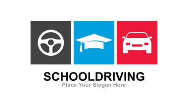 Sürücü okulu vektör logosu tasarımı simgesi. İş, eğitim ve ulaşım için elverişli