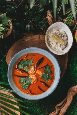 Tom Yum kung Baharatlı Tayland çorbası Hindistan cevizi sütü, karides, erişte ve biberli gri tabakta.