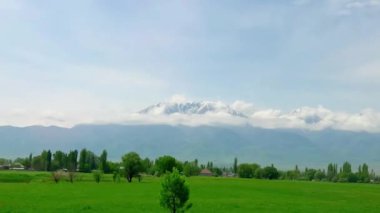 Kazakistan 'daki peri karlı dağların araba yolcu penceresi manzarası