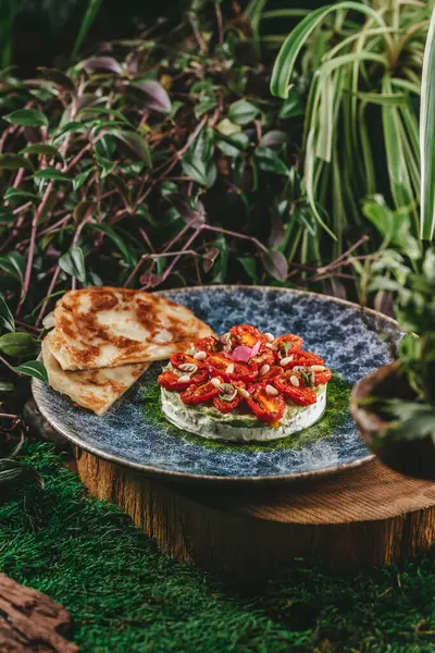 Kurutulmuş kiraz domatesleri ve yassı ekmekle süslenmiş guacamole bazlı lezzetli aperatifler. Güzel yemek konsepti