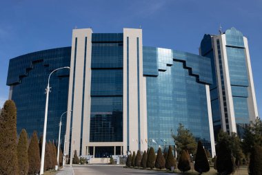 Taşkent, Özbekistan - 25 Ocak 2025: Peyzaj manzaralı yeşillik üzerine yansıtıcı cam cephe kuleleri ile şirket binasına çarpmak. Şehir merkezinde yüksek kazıyıcı bina.