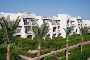 Mısır, Sharm El Sheikh - 12 Mart 2025: Manikürlü bahçeler ve palmiye ağaçları yolu boyunca uzanan beyaz mimarili modern tatil köyü.