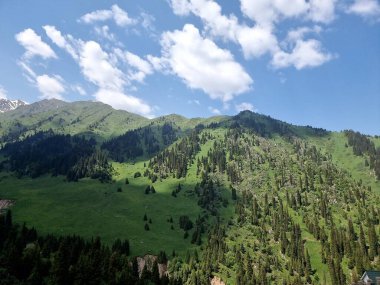 Güzel dağ manzarası. Dağlar da (etrafa) saçılmış hurma ağaçları (nın meyveleri) dir. Bulutlar gökyüzünde süzülür