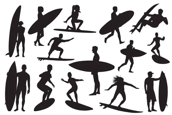 Silhouette Surfista Sagome Nere Vettore — Vettoriale Stock