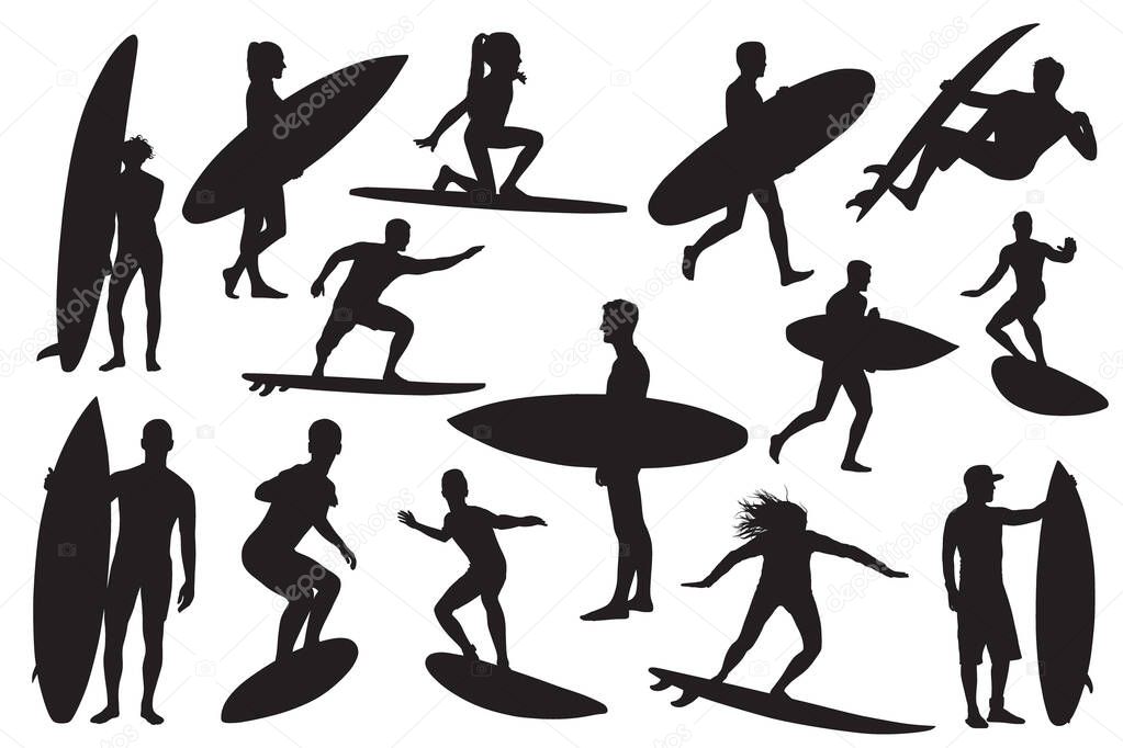 Surfer silhouette in black silhouettes, vector.