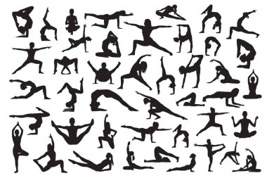 Siluet vektör kümesi. Yoga ve tasarım için çeşitli pozlar.