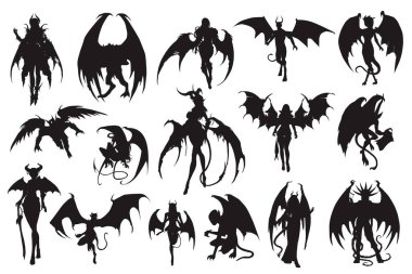 vector illustration of silhouettes of different types of the devil in a set. clipart