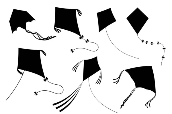 異なる凧のセットの黒と白のベクトルイラスト — ストックベクタ