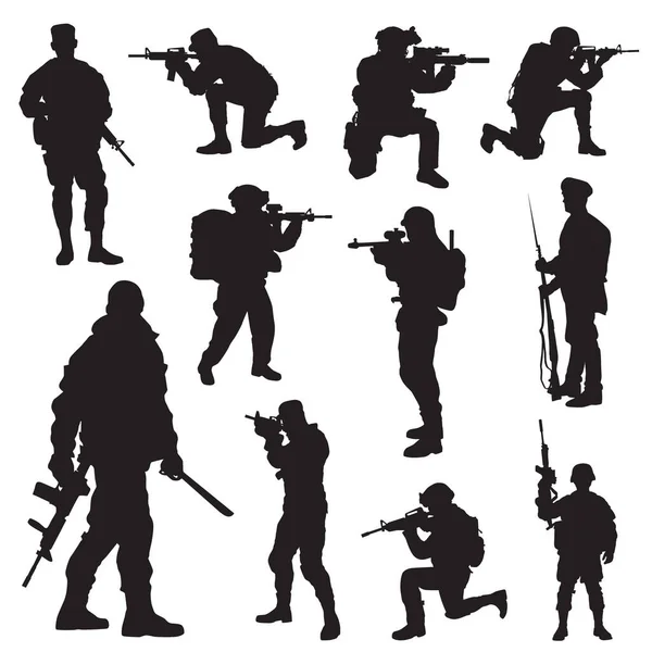 Conjunto Siluetas Soldados Militares Con Armas Ilustración Vectorial — Archivo Imágenes Vectoriales