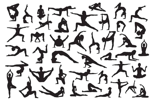 Siluet vektör kümesi. Yoga ve tasarım için çeşitli pozlar.