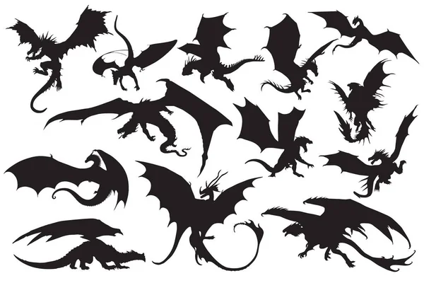 Векторні Ілюстрації Силуетів Дракона Ізольовані Білому Тлі — стоковий вектор