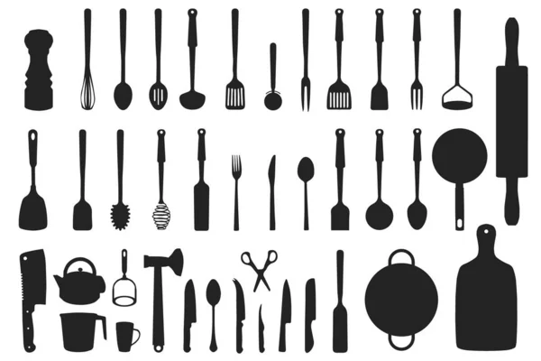 Outils Cuisine Réglés Dans Style Monochrome Noir Isolé Sur Fond — Image vectorielle