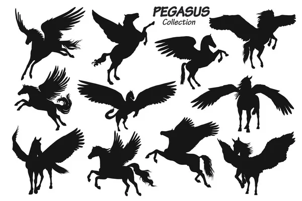 Σετ Από Σιλουέτες Pegasus Διαφορετικών Μαύρων — Διανυσματικό Αρχείο