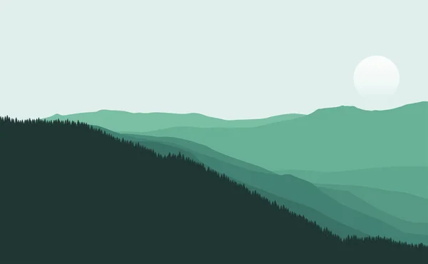 Ilustración Vectorial Paisaje Forestal Con Montañas Árboles — Vector de stock