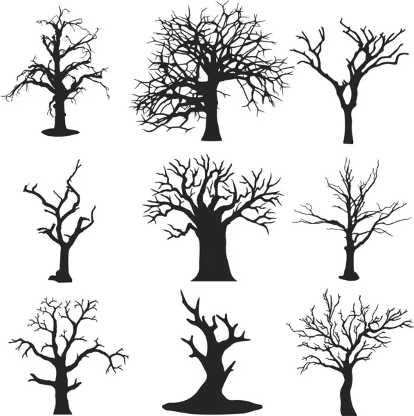 Set Black Silhouettes Dead Trees Vector — Stock Vector