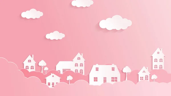 Χαρτί Κομμένα Σπίτια Σπίτι Χωριό Σύννεφα Καιρός Διανυσματική Απεικόνιση — Διανυσματικό Αρχείο