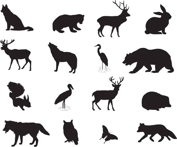 Силуэты Различных Животных Черно Белая Векторная Иллюстрация — стоковый вектор