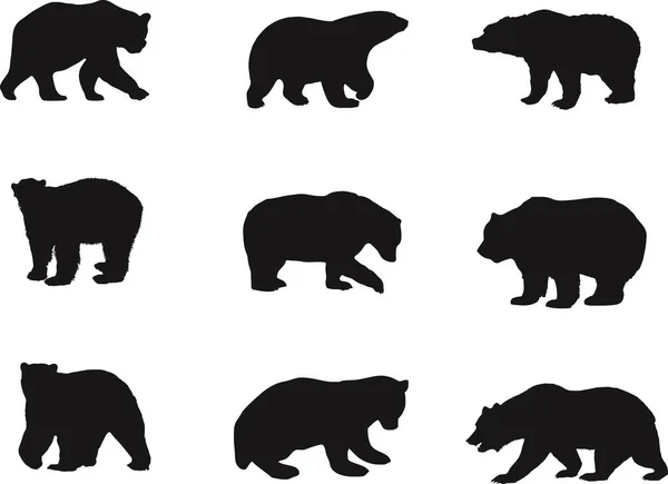 黒いシルエットのベクトルシルエットのセット 野生の熊 動物だ 白い背景に隔離され — ストックベクタ