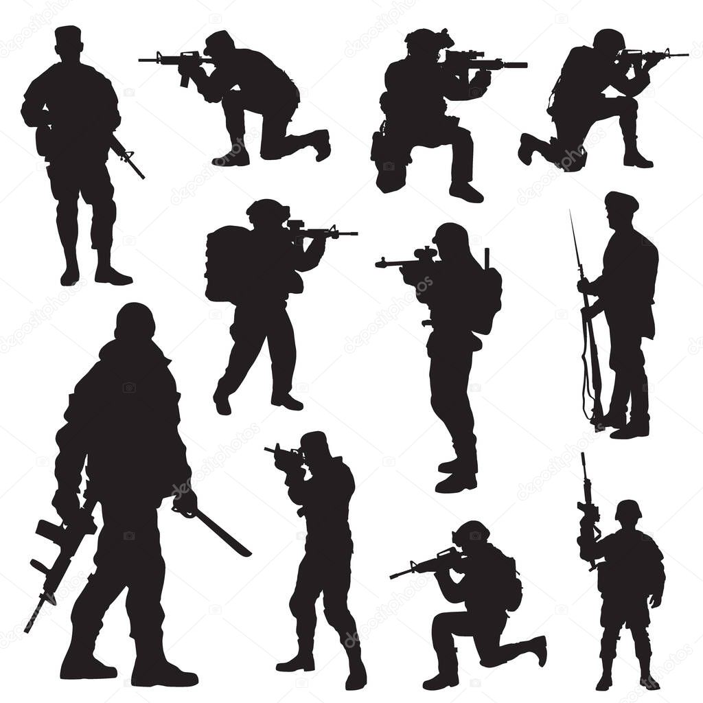 Set of silhouettes of military soldiers with guns. vector illustration