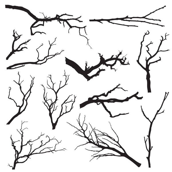 Cartoon vector black tree branch silhouette set